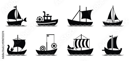 Collection of eight black silhouette sailing ships and boats on white background