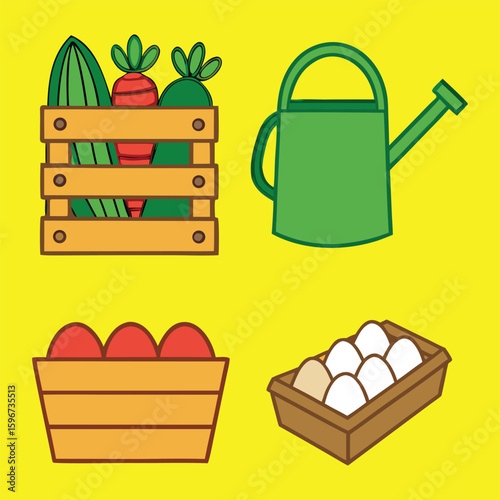 Cartoon Illustration of Fresh Farm Produce: Vegetables, Eggs, and Watering Can
