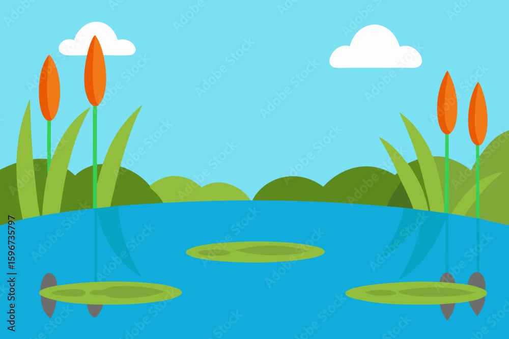 Fototapeta premium A Serene Pond Scene With Cattails And Lily Pads
