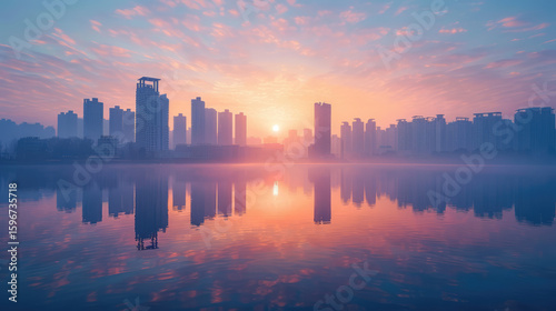 Serene sunrise cityscape reflected in tranquil water, creating a captivating, symmetrical composition.