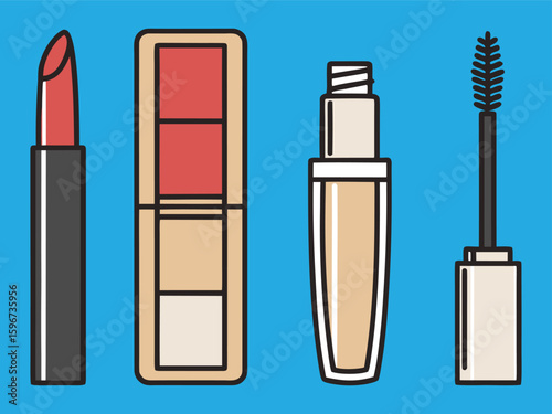Female need Style Makeup Set Vector Illustration Lipstick, Eyeshadow, Concealer, Mascara for Beauty Blog