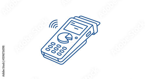 Isometric blue line art of modern pos device with contactless payment