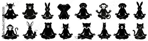 Meditating animals silhouettes featuring various creatures like bear, cat, monkey, rabbit, and elephant in yoga poses. Ideal for mindfulness, wellness, and meditation designs