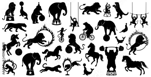 Circus animals silhouettes including lions, bears, elephants, seals, horses, and monkeys performing tricks. Perfect for carnival themes, event posters, and entertainment designs