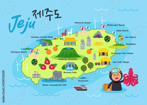 Jeju Map vector illustration. Tourist attractions in Jeju Island. Korean character is " Jeju island "