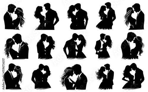 Couple silhouettes in romantic poses including hugging, kissing, and dancing. Ideal for wedding invitations, Valentine’s Day graphics