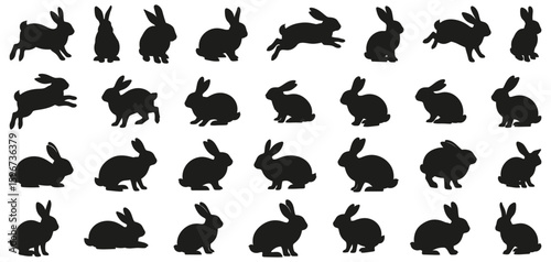 Rabbit silhouettes collection including various bunny positions such as running, jumping, sitting and resting in different angles