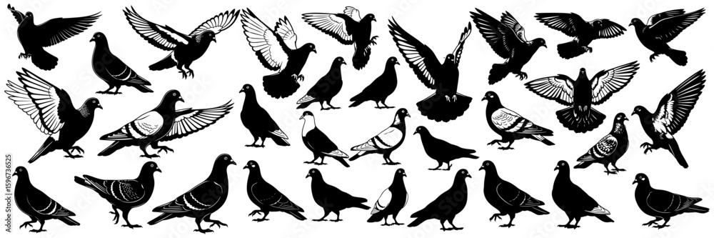 Fototapeta premium Pigeon and dove silhouettes flying and standing in different poses. Ideal for peace, religion, and urban