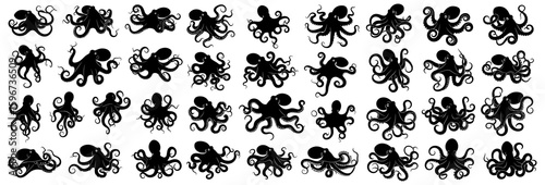 Octopus silhouettes collection with various octopuses in dynamic poses and detailed tentacles. Ideal for ocean themes, seafood concepts, and marine wildlife projects.