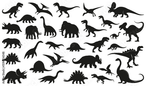 Dinosaur silhouettes with various prehistoric animals such as T-Rex, Triceratops, Stegosaurus, Mammoth, and Pterodactyl. Perfect for science projects, educational designs, and kids’ graphics