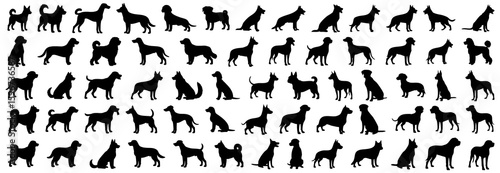 Dog silhouettes showing various breeds in different poses such as sitting, walking, standing, and playful actions