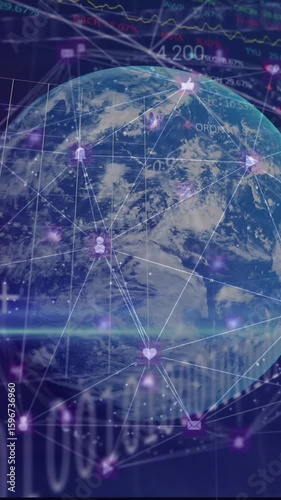 Digital globe with network connections and binary code over financial data animation