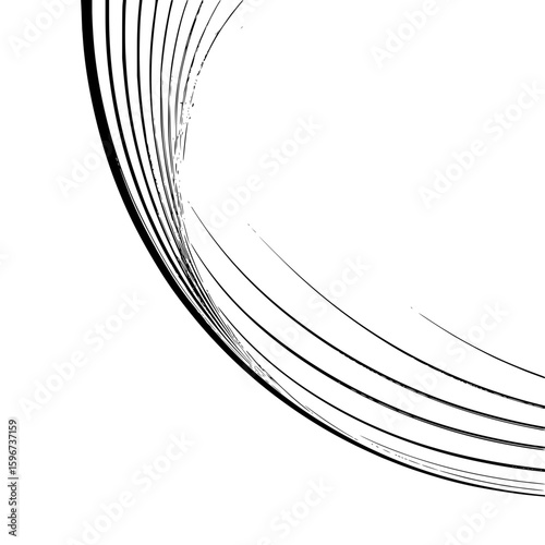 Abstract black and white image featuring a series of curved lines converging in the upper left corner