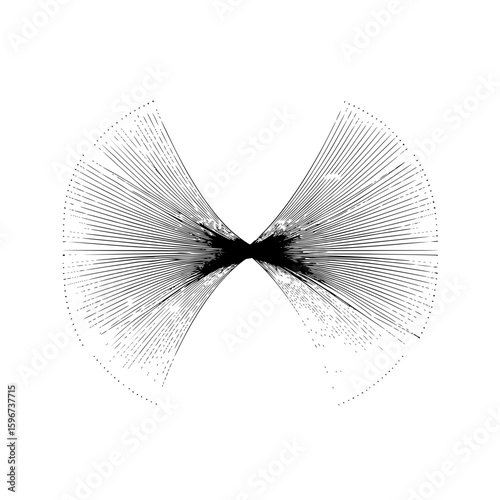 Abstract black and white design featuring radiating lines converging at a central point in a symmetrical form