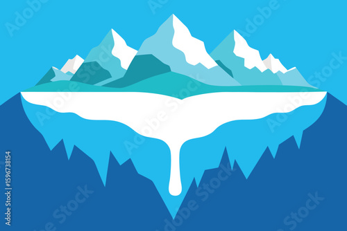 Iceberg Vector Illustration: Melting Glacier with Mountain Peaks, Climate Change Concept, Arctic Landscape, Flat Design Graphics