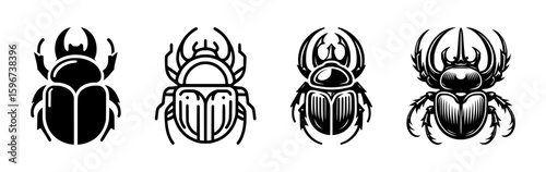 An Artistic Illustration of Scarab Beetles in Black and White, Showcasing Various Detailed Designs