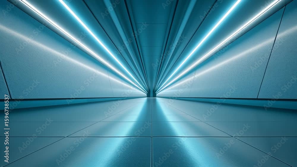 Perspective shot inside a tunnel lined with fluorescent strips on walls and ceiling, glowing white and cyan, strong vanishing point, photorealistic futuristic architectural photography, clean modern