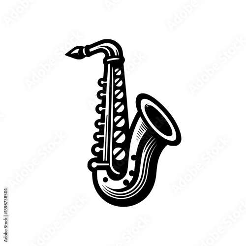 A detailed graphic image of a saxophone in black and white