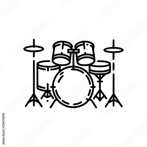 Line art of a Drum set showing each individual component in a musical setup