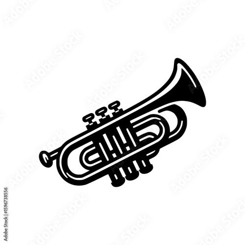 A detailed black and white illustration of a trumpet, showcasing its curves and components
