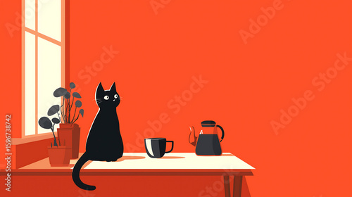 Black cat sitting on a wooden table beside a coffee cup and a kettle, with a potted plant and window in a cozy orange room, creating a warm and inviting atmosphere