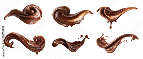 Melted brown chocolate drip swirl or smear isolated PNG for dessert and food design.