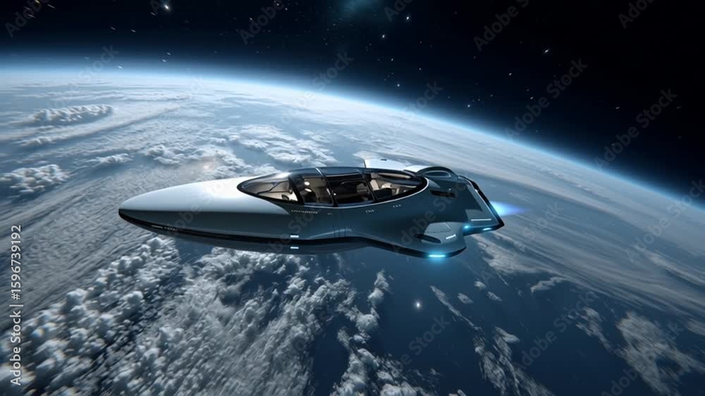 Full view of a sleek, minimalistic mid-sized futuristic spacecraft flying above the Earth in space, ship in the foreground with smooth contours and glowing accents, dramatic curvature of the blue