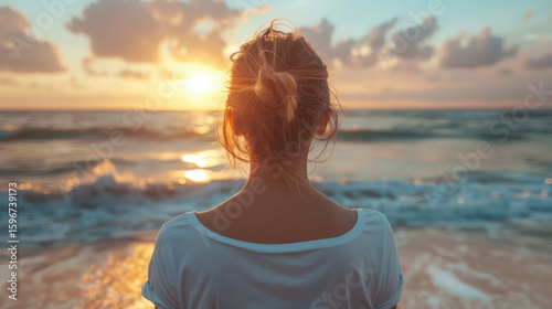 Woman watching sunrise over the ocean. Contemplative mood, enjoying nature's beauty and peaceful atmosphere.