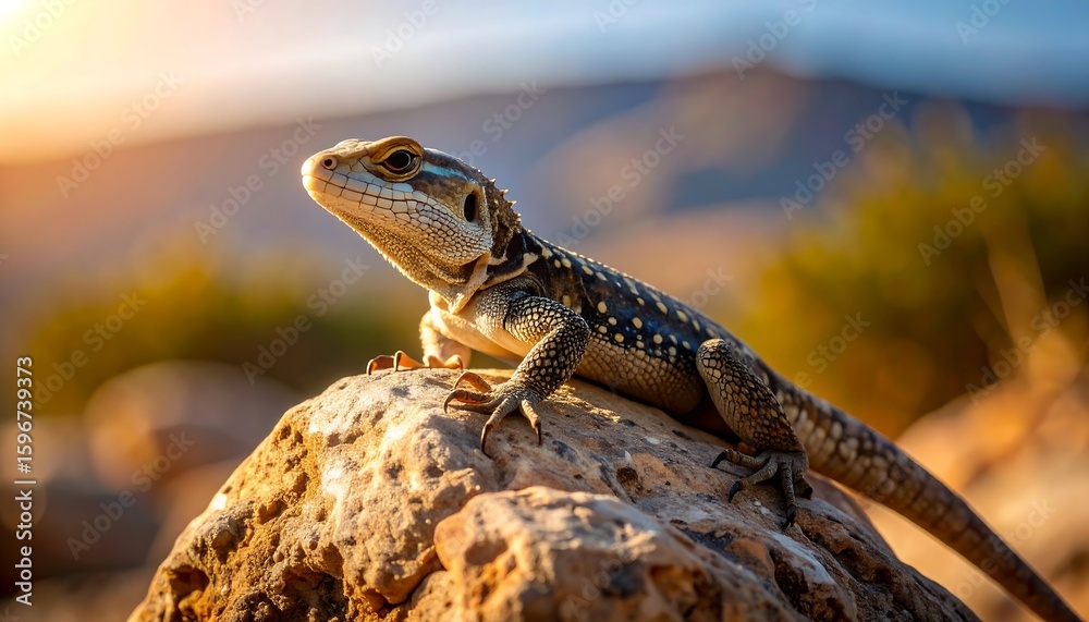 Fototapeta premium Lizard on rock, sunset backdrop