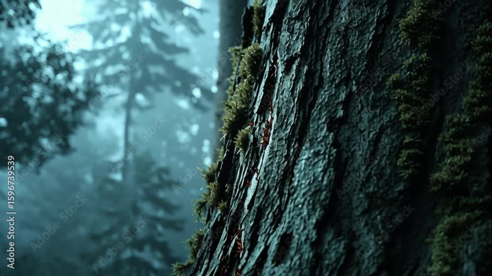 close-up of old tree bark glowing faintly with sacred light from within, subtle veins of light like ancestral energy pulsing through the wood, surrounded by moss and mist, cinematic dark forest