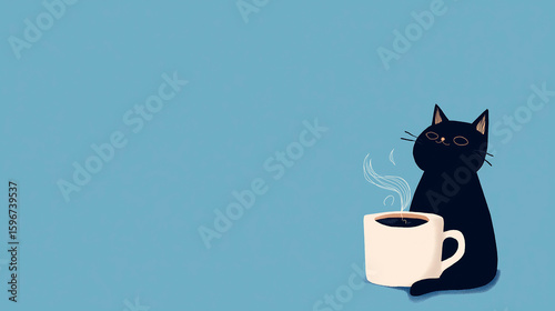 Black cat sitting beside a steaming cup of coffee on a soft blue background, creating a cozy and inviting atmosphere for cat lovers and coffee enthusiasts