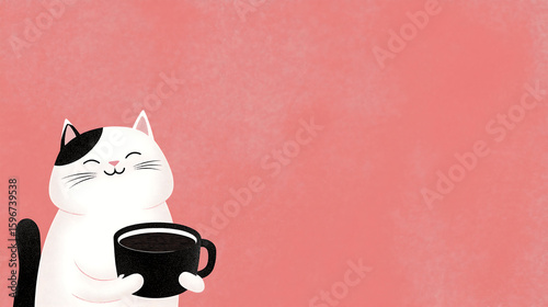 Cute cartoon cat character with a joyful expression, holding a black coffee cup, set against a soft pink background, perfect for cozy and whimsical design projects