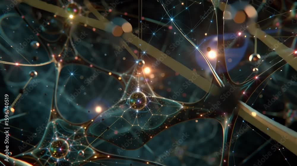 Abstract visualization of merged consciousness, flowing between biological neurons and quantum processors, thoughts taking geometric forms in higher dimensions, prismatic light representing expanded