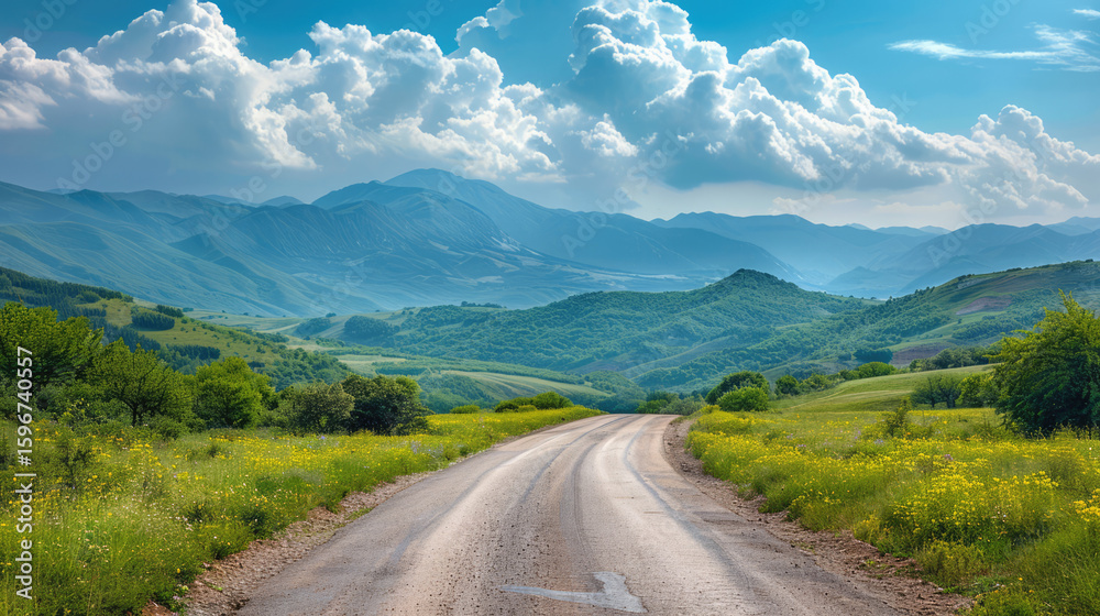 Fototapeta premium Scenic view of a gravel road leading through grassy hills towards distant mountains under a cloudy sky.