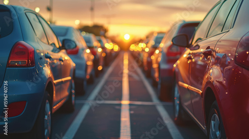 Fototapeta Naklejka Na Ścianę i Meble -  Cars parked in rows at sunset offer a serene view. Bokeh lights add to the tranquil setting.