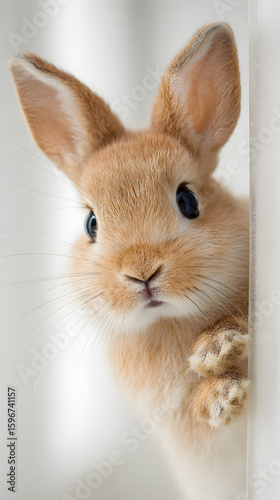 Curious brown bunny peeking from behind a white surface with soft focus background