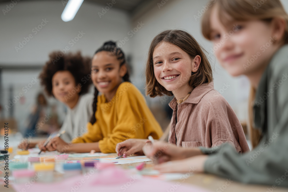 Fototapeta premium diverse group of enthusiastic volunteers engages with children in vibrant community center