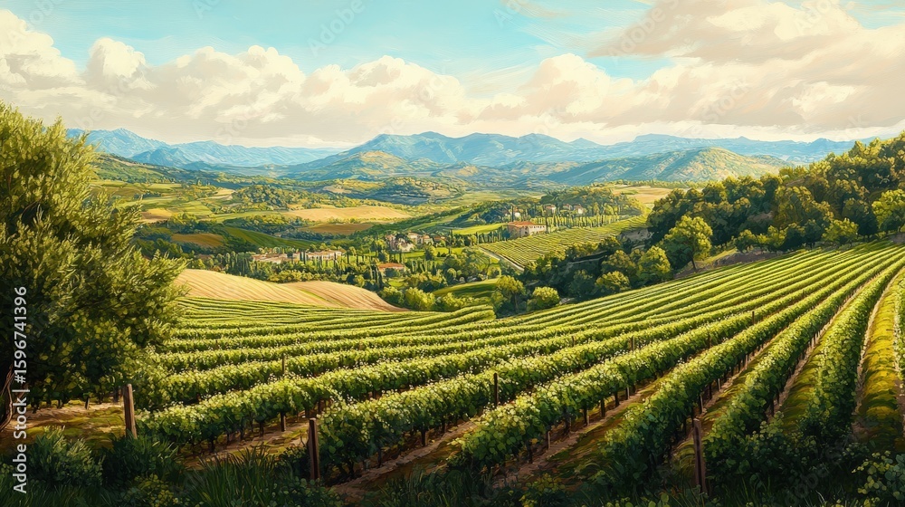 Fototapeta premium Lush vineyard rows stretch across a hillside landscape.