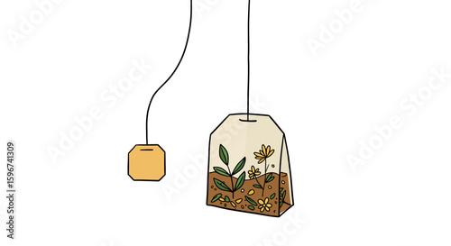 Botanical tea bag infused with nature's elements in detailed design