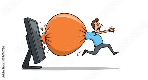 Cartoon man blown away by inflating balloon from computer screen