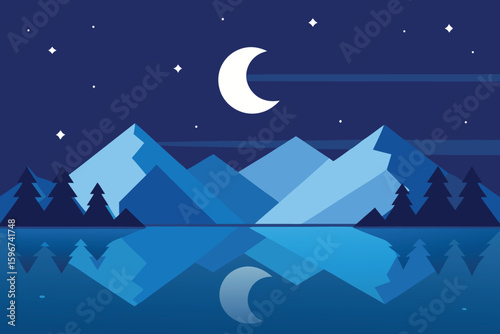 Serene Night Landscape Mountains, Moon, and Reflections, Flat Design for Wall Art and Digital Backgrounds