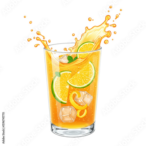Refreshing Citrus Splash: Vibrant iced drink in transparent glassware for hot summer days
