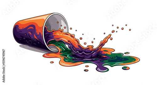 Vibrant splatter of colorful liquid from tipped over cup with dynamic splash