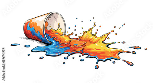 Colorful splash effect from tipped paint cup with dynamic motion