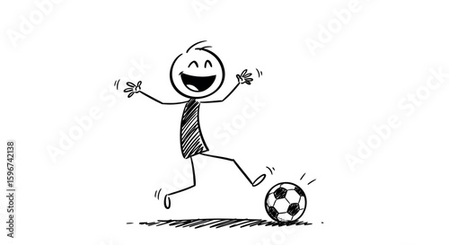 Joyful stick figure kicking soccer ball in sketch style