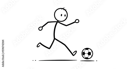 Simple stick figure playing soccer with ball in motion