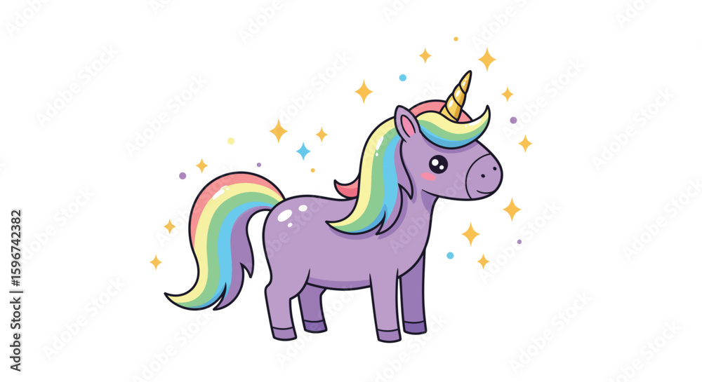 Fototapeta premium Adorable pastel unicorn with rainbow details and sparkles on white background