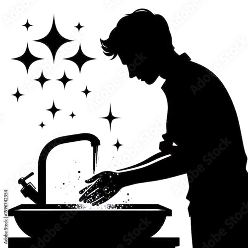 Silhouette of a man washing his hands at a sink with sparkling water droplets in a hygienic setting