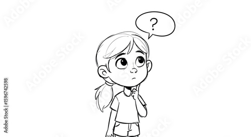 Curious child thinking with question mark in speech bubble