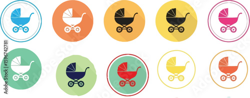 Baby strollers vector set colorful icons baby carriage illustration design